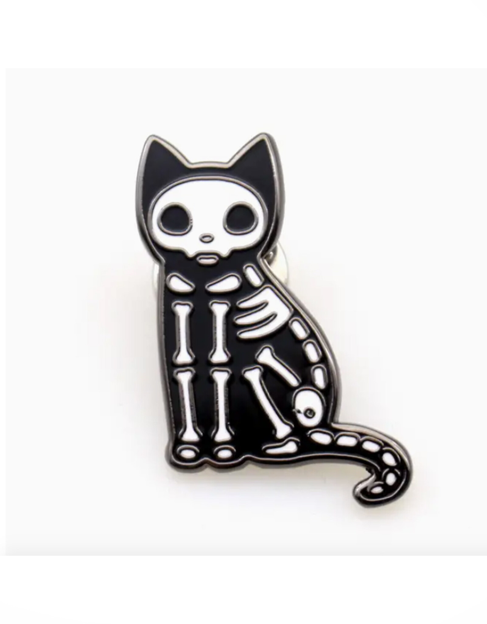 Skeleton Cat Sitting Enamel Pin (Shady Front)