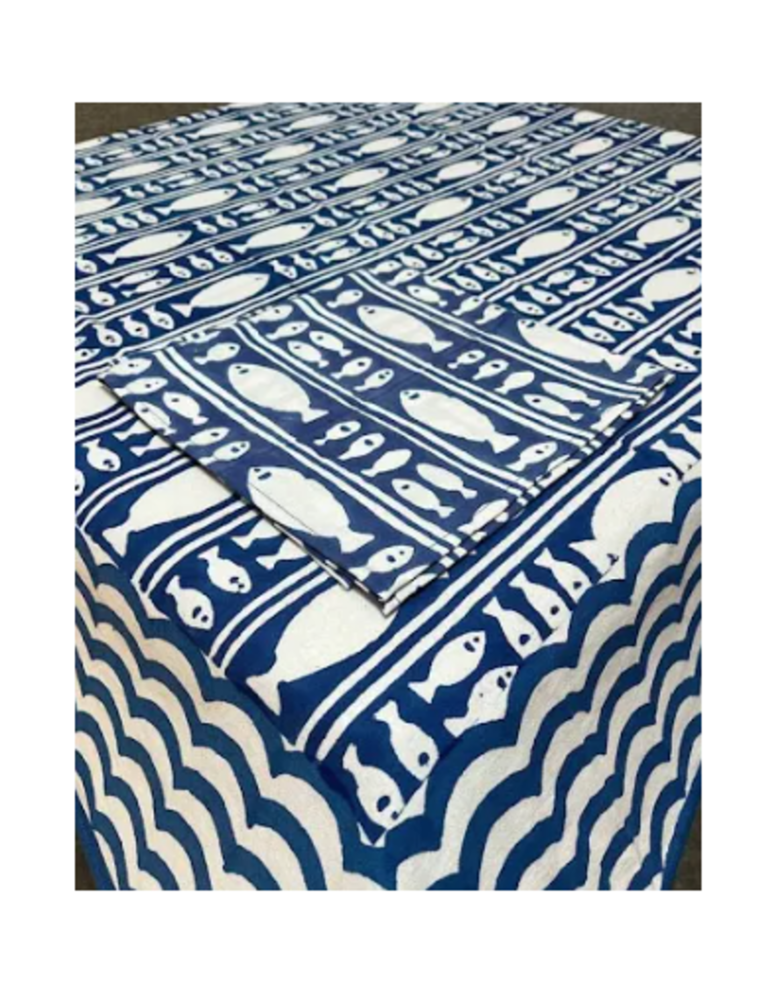 Blue Striped Fish Block Print Tablecloth