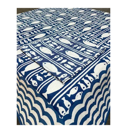Blue Striped Fish Block Print Tablecloth