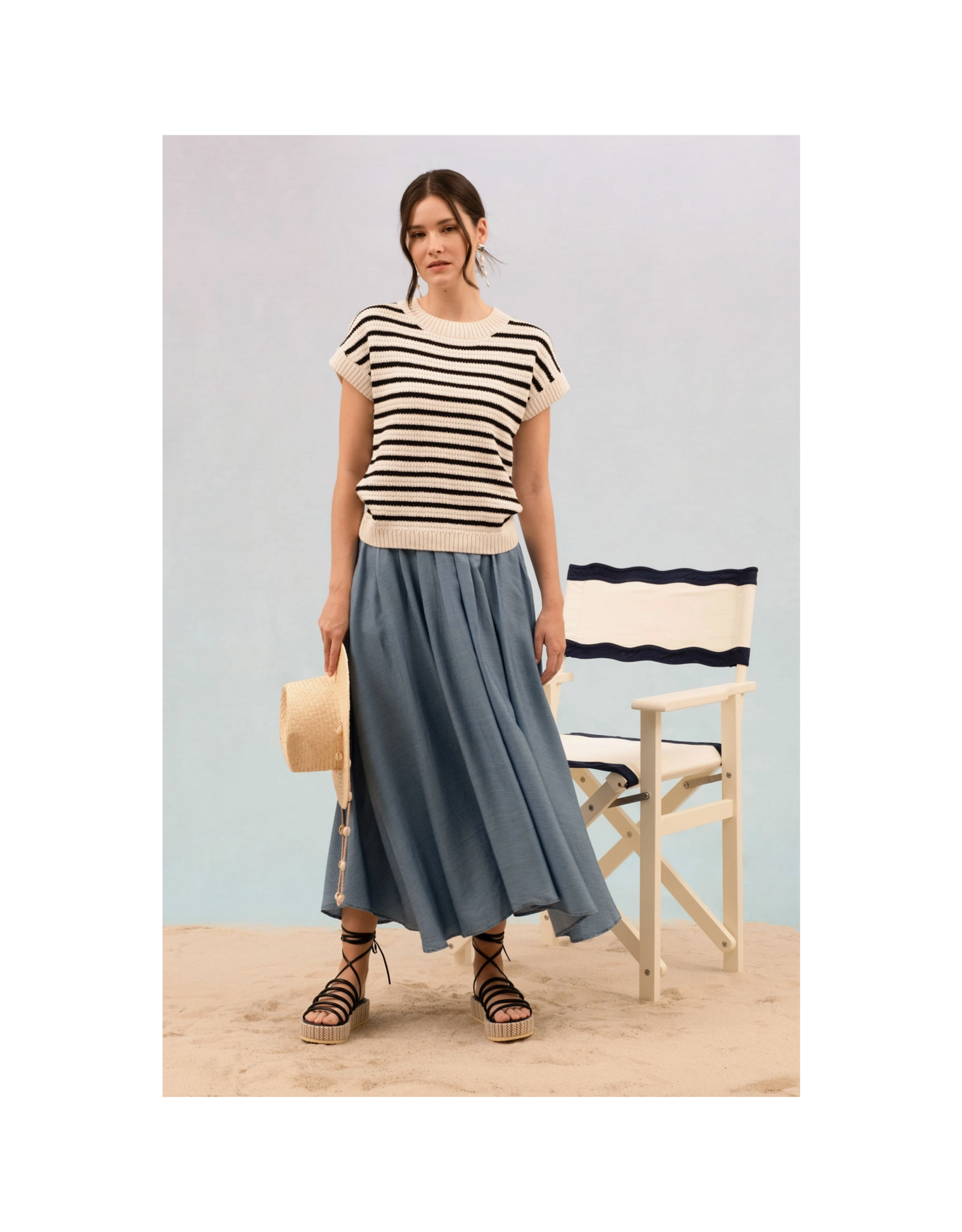 Striped Crewneck Short Sleeve Knit Pullover
