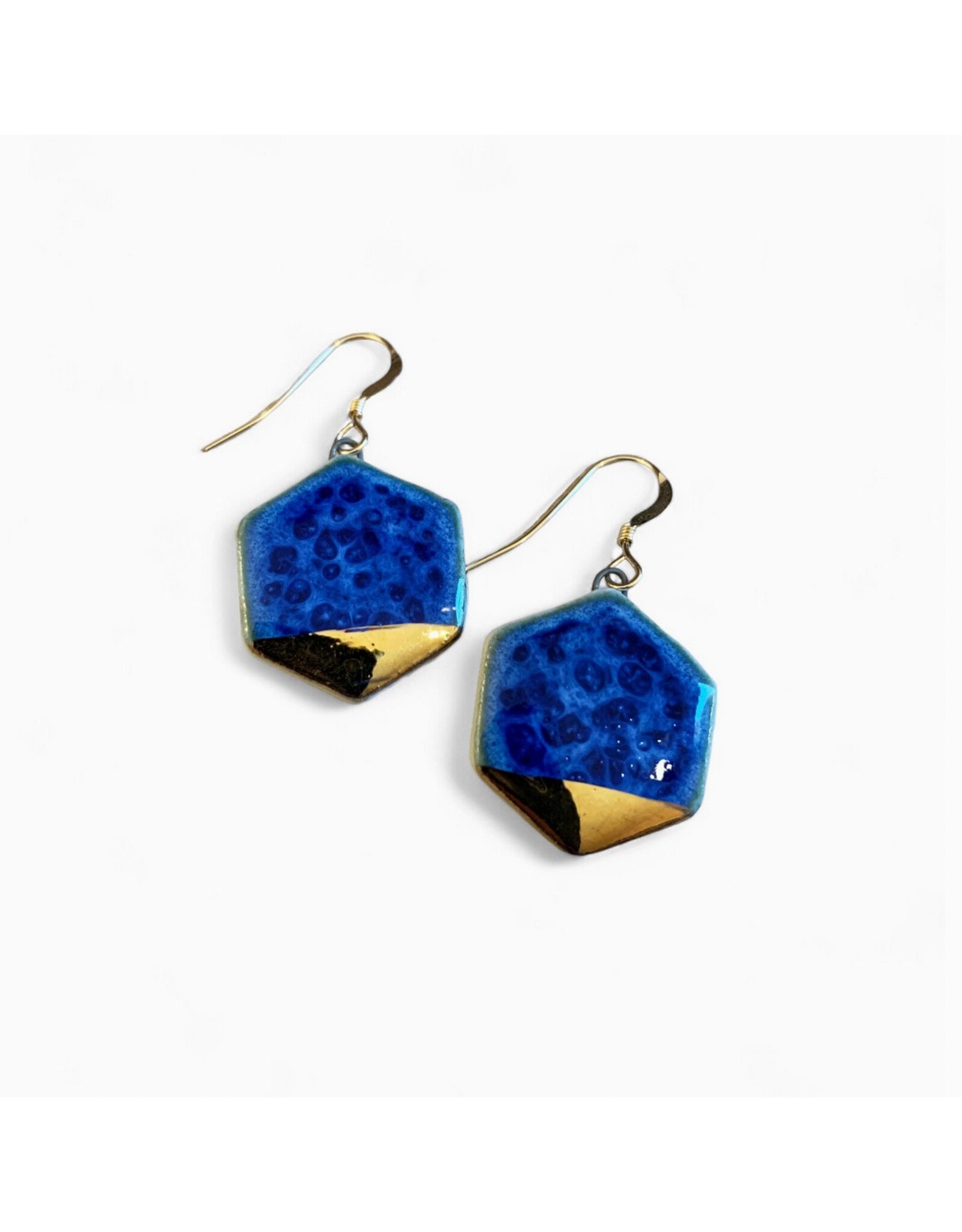 Small Hexagon Drop Earrings - Deep Blue/Gold