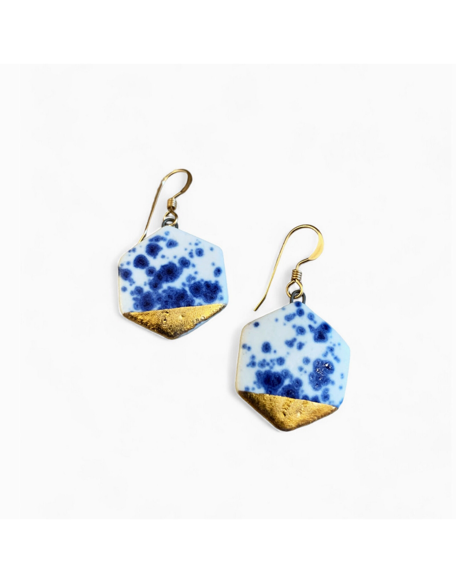 Small Hexagon Drop Earrings - Blue Speckle/Gold