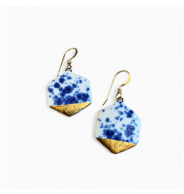 Small Hexagon Drop Earrings - Blue Speckle/Gold