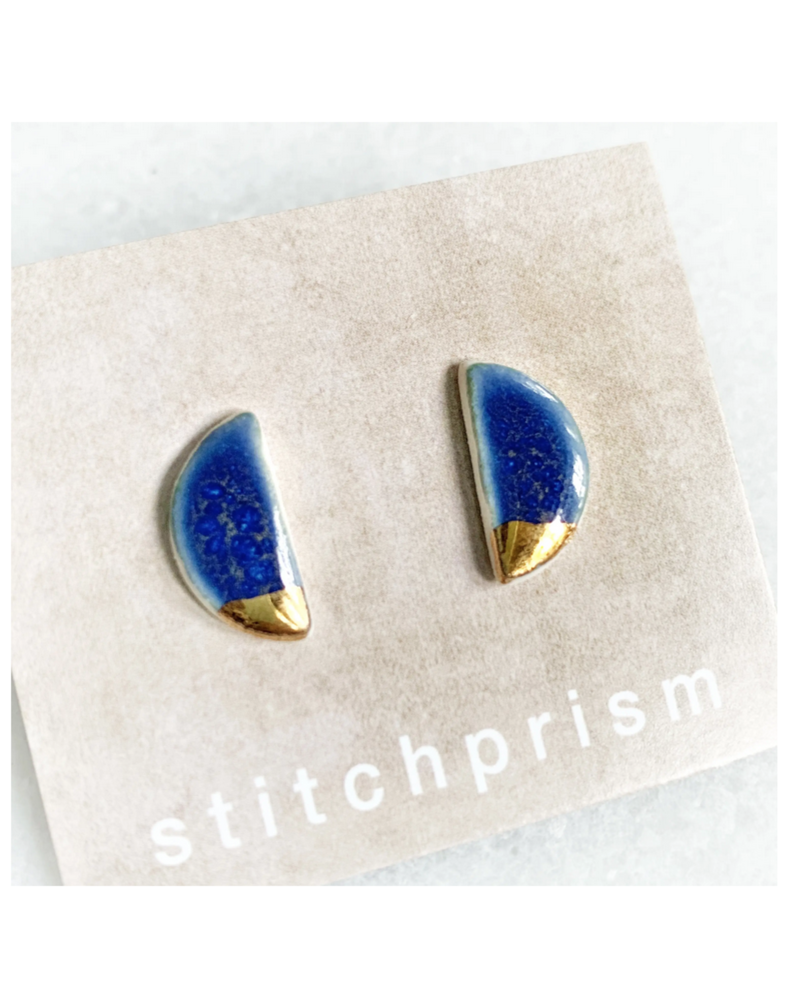 Half Moon Stud Earrings - Deep Blue/Gold