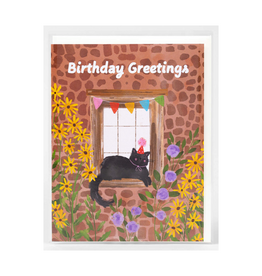 Birthday Greetings Cat Window Sill Greeting Card