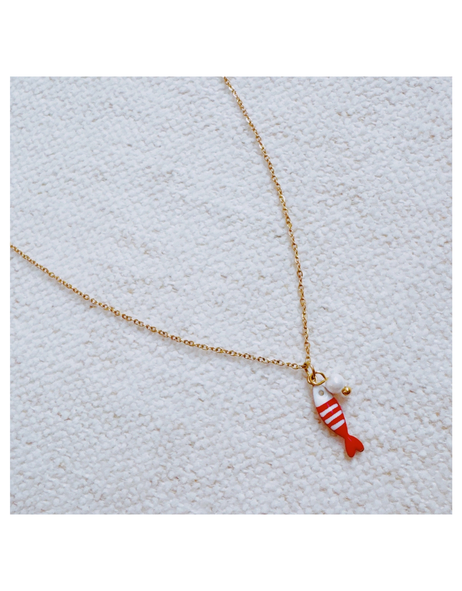 Striped Fish & Pearl Necklace - Red