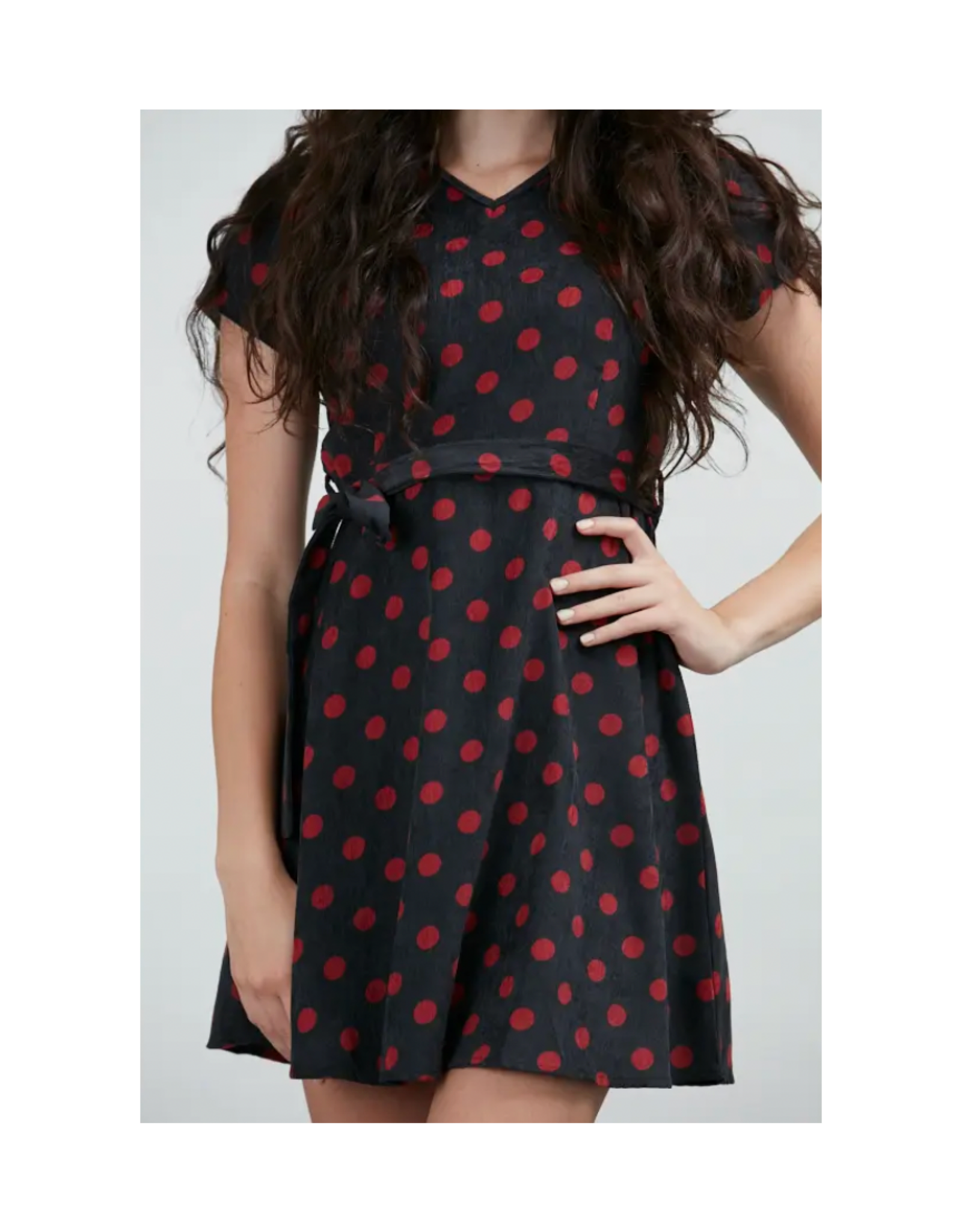 Red Polka Dot Corduroy Cap Sleeve Dress
