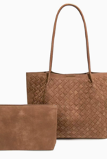 Woven Microfiber Leather Tote Bag with Pouch - Brown