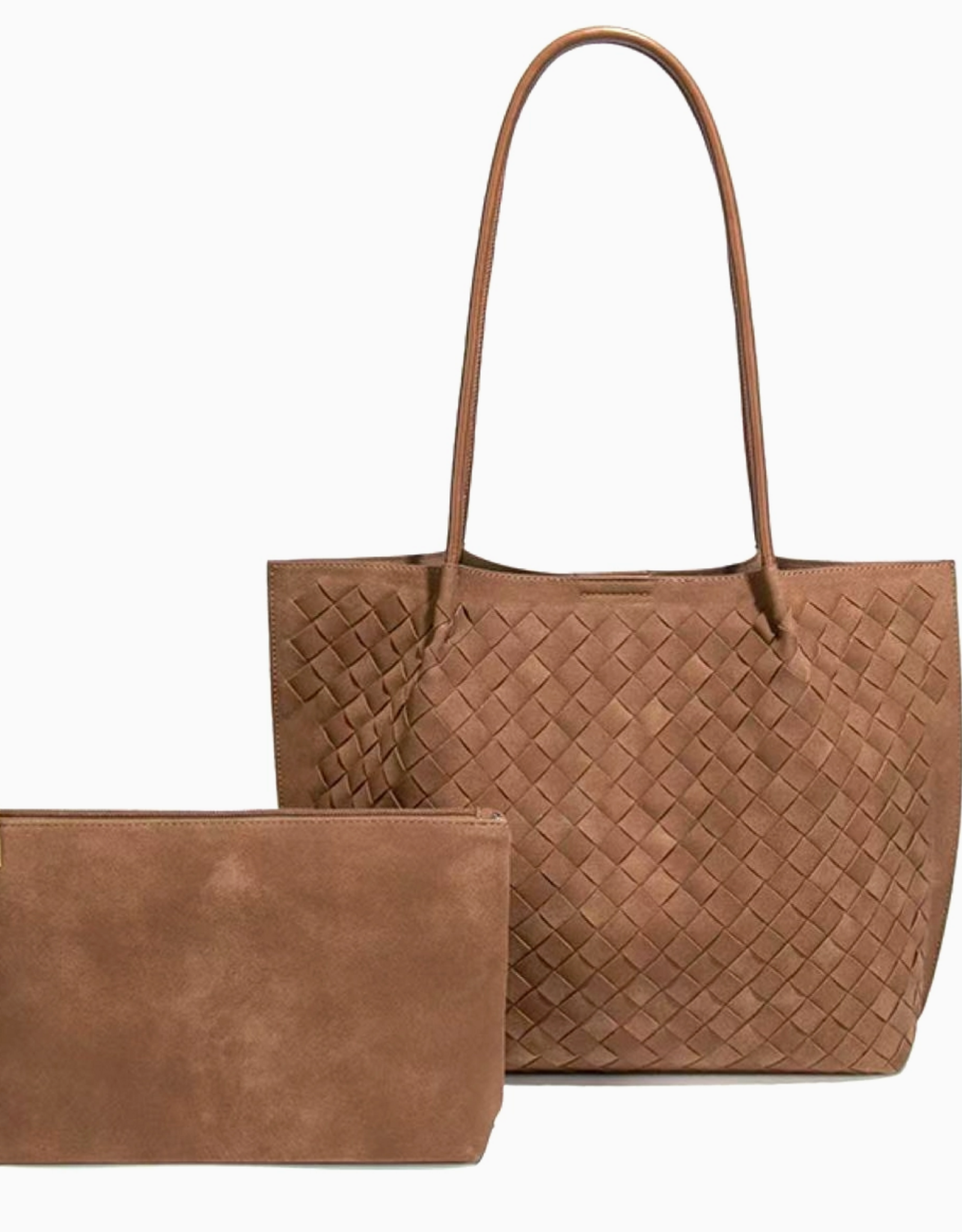 Woven Microfiber Leather Tote Bag with Pouch - Brown