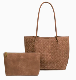 Woven Microfiber Leather Tote Bag with Pouch - Brown
