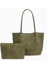 Woven Microfiber Leather Tote Bag with Pouch - Olive