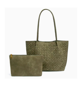 Woven Microfiber Leather Tote Bag with Pouch - Olive