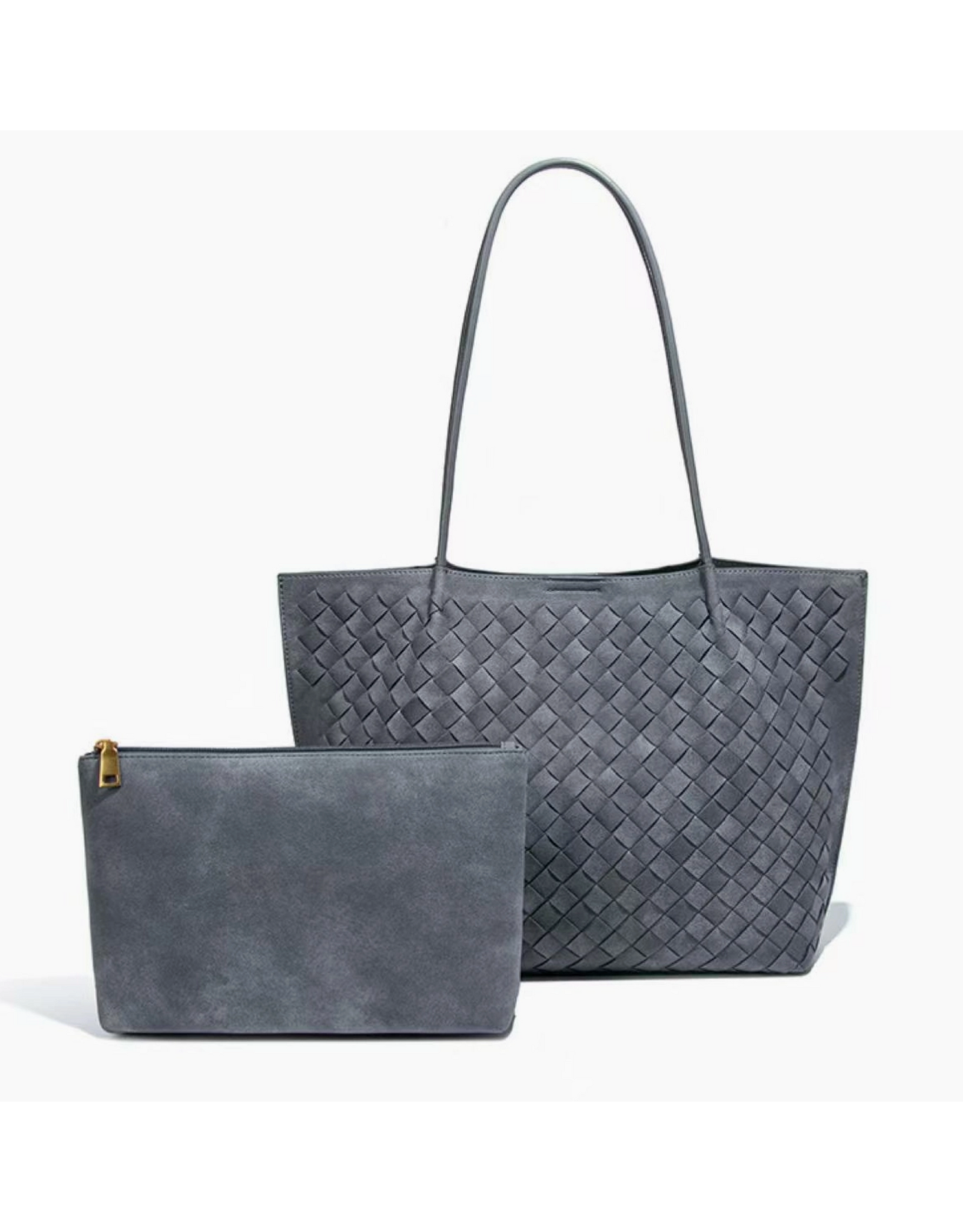 Woven Microfiber Leather Tote Bag with Pouch - Grey