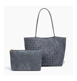 Woven Microfiber Leather Tote Bag with Pouch - Grey