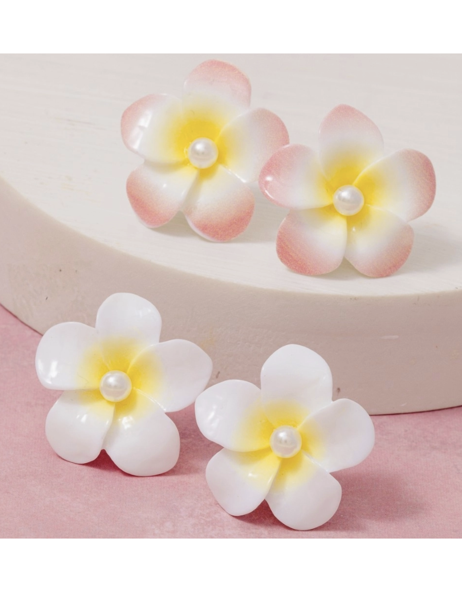 Acrylic Flower and Pearl Stud Earrings Set - Pink/White