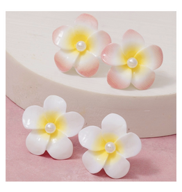 Acrylic Flower and Pearl Stud Earrings Set - Pink/White