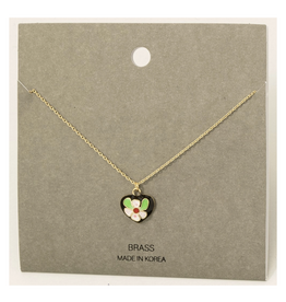 Black Enamel Flower Heart Pendant Necklace