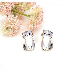 Gray Cat Picture Stud Earrings