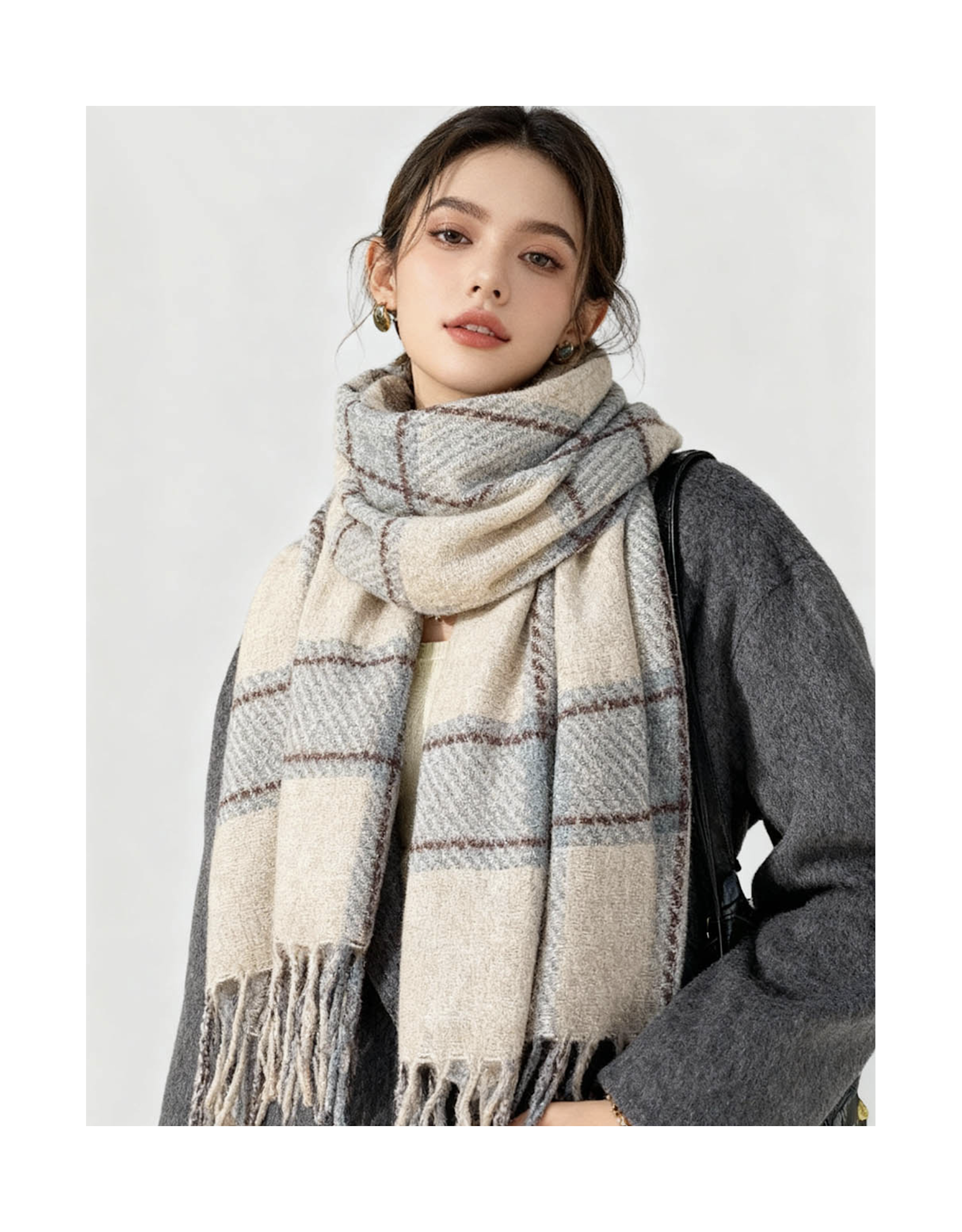 Sweetkama Vintage Cozy Checked Tassel Scarf - Grey