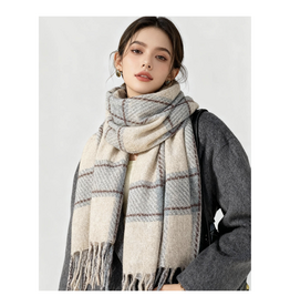 Vintage Cozy Checked Tassel Scarf - Grey