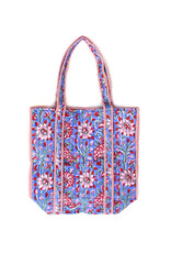 Anju Quilted Tote with Outer Pocket - Floral Red and Royal Blue