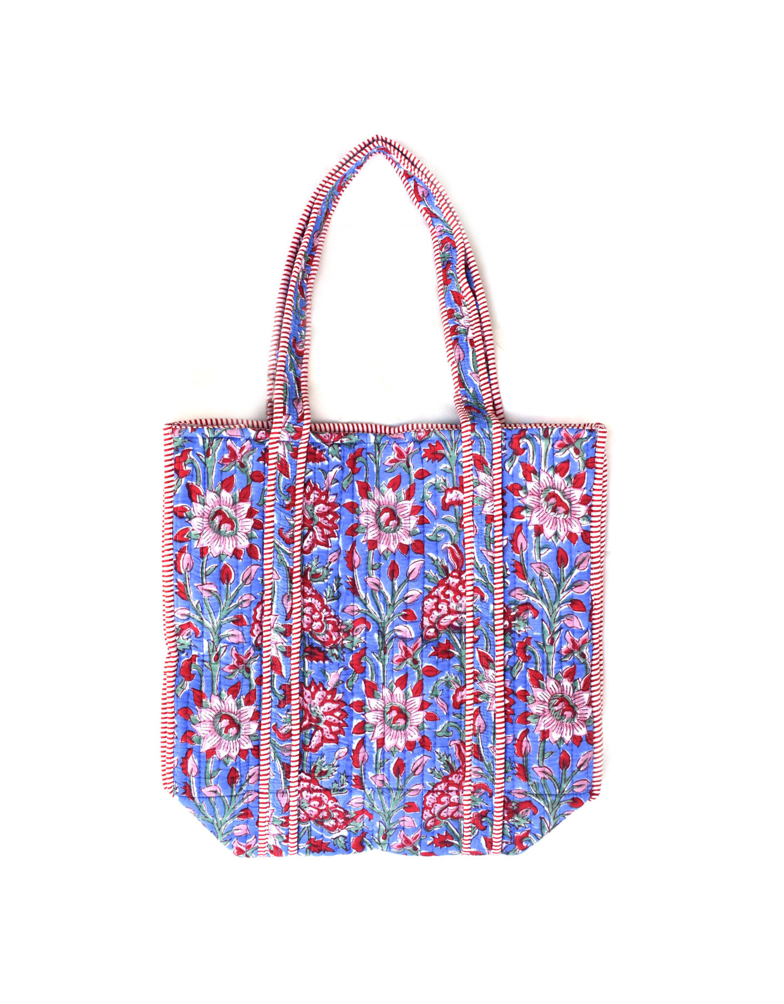 Anju Quilted Tote with Outer Pocket - Floral Red and Royal Blue