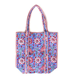 Quilted Tote with Outer Pocket - Floral Red and Royal Blue