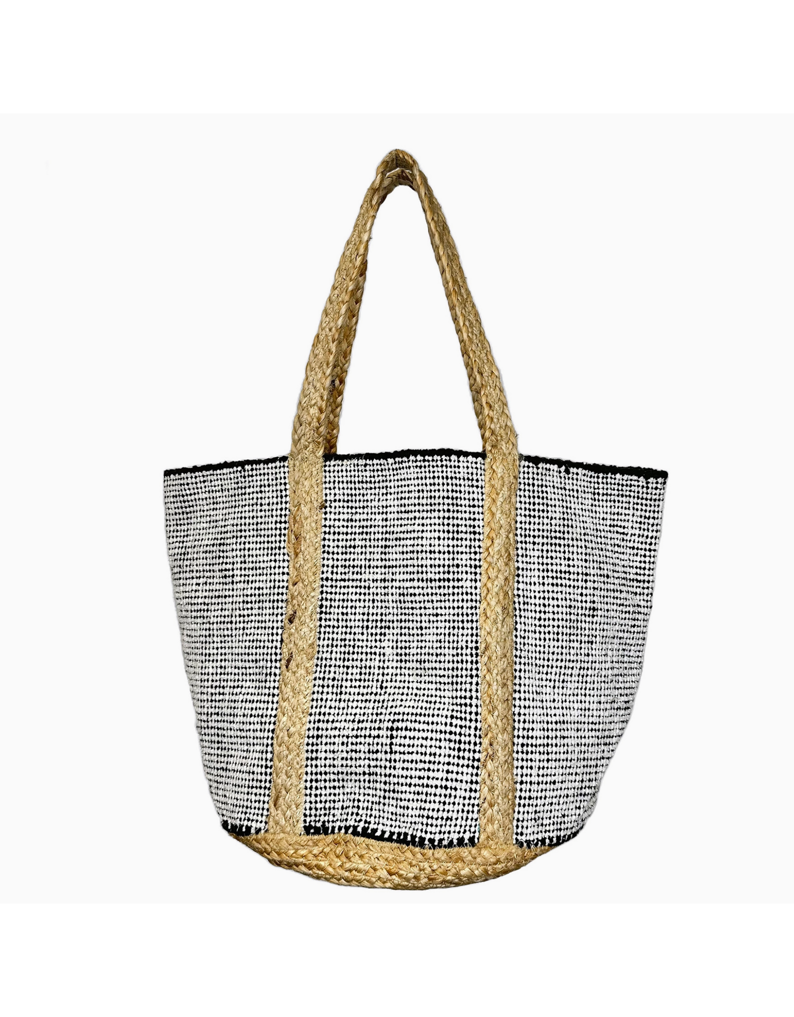 Anju Woven Cotton Tote with Braided Jute Handles - Black and White
