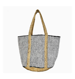 Woven Cotton Tote with Braided Jute Handles - Black and White