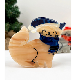 Tan Cat with Blue Scarf & Hat Claw Clip