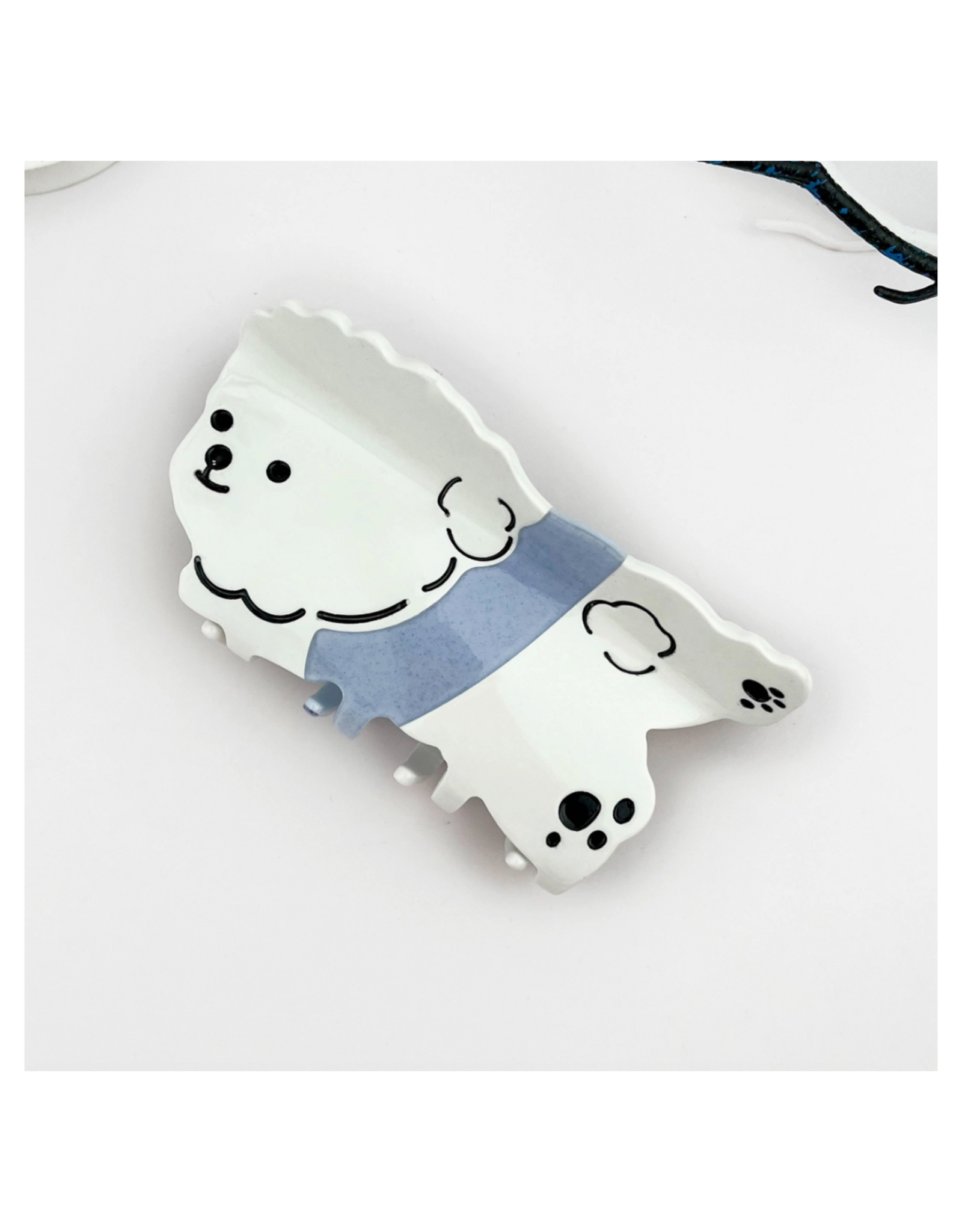White Fluffy Dog in Blue Sweater Claw Clip
