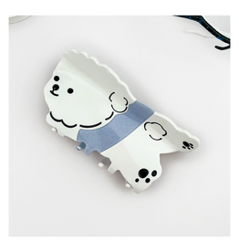 White Fluffy Dog in Blue Sweater Claw Clip