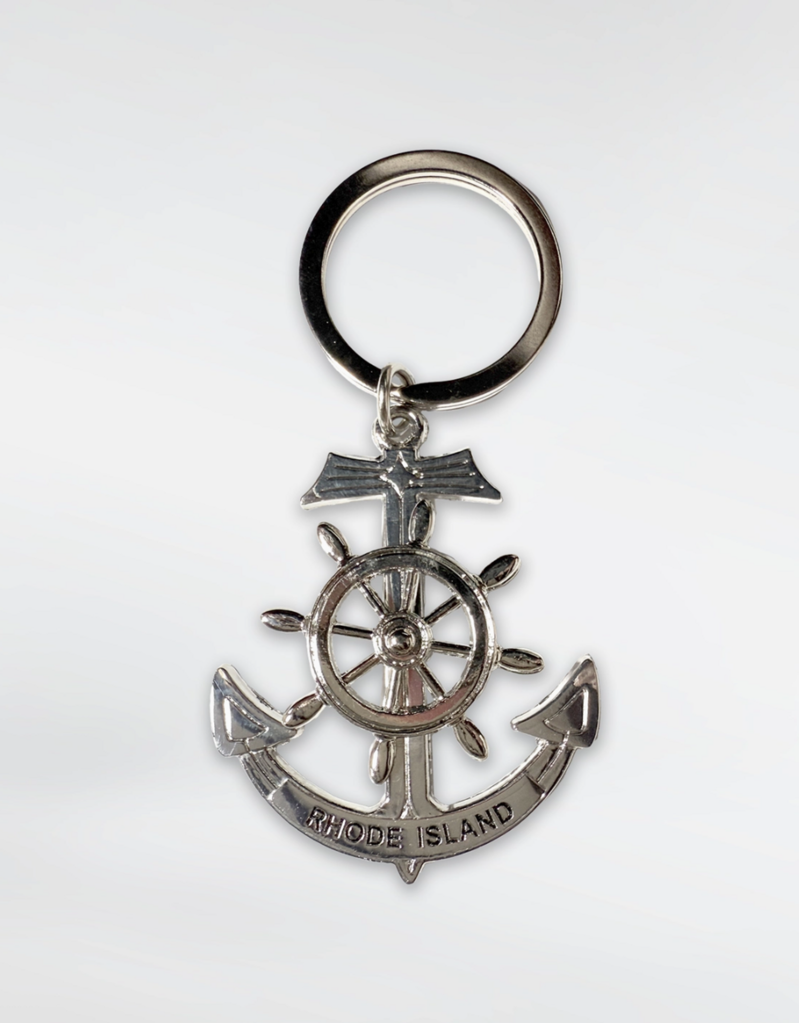Rhode Island Anchor and Helm Keychain Silver
