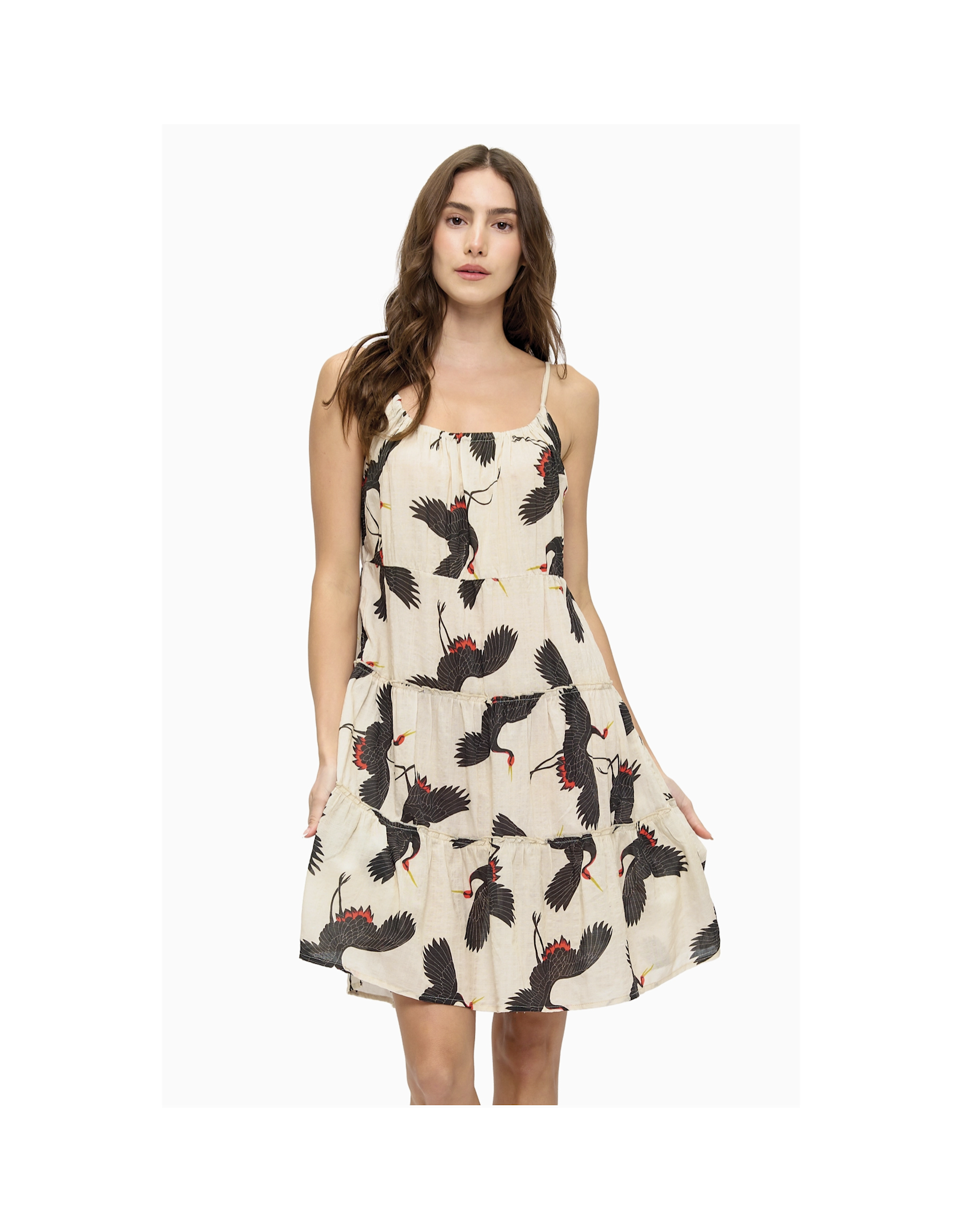 Yak & Yeti Ruffled Crane Print Dress