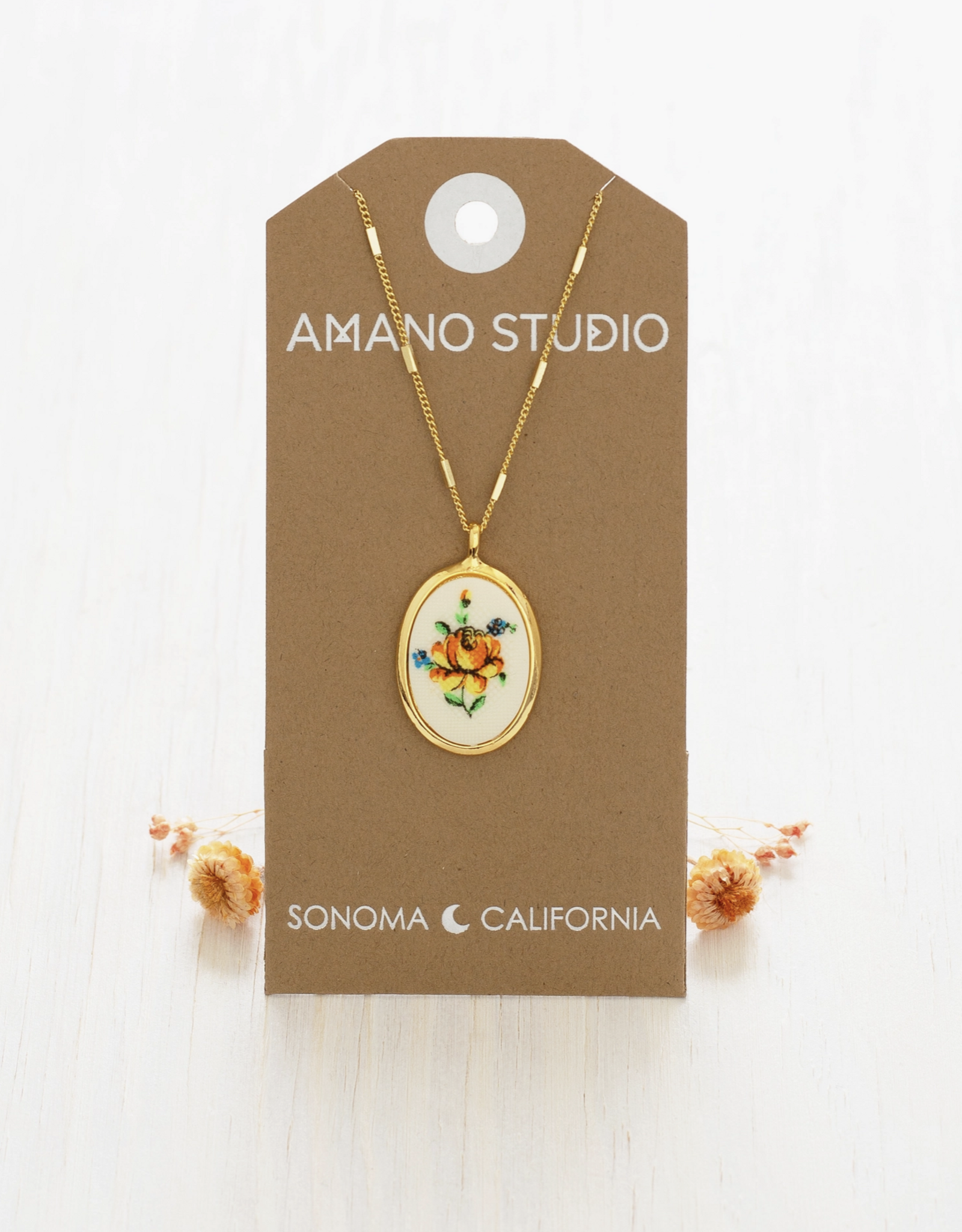 Needlepoint Flower Cameo Necklace