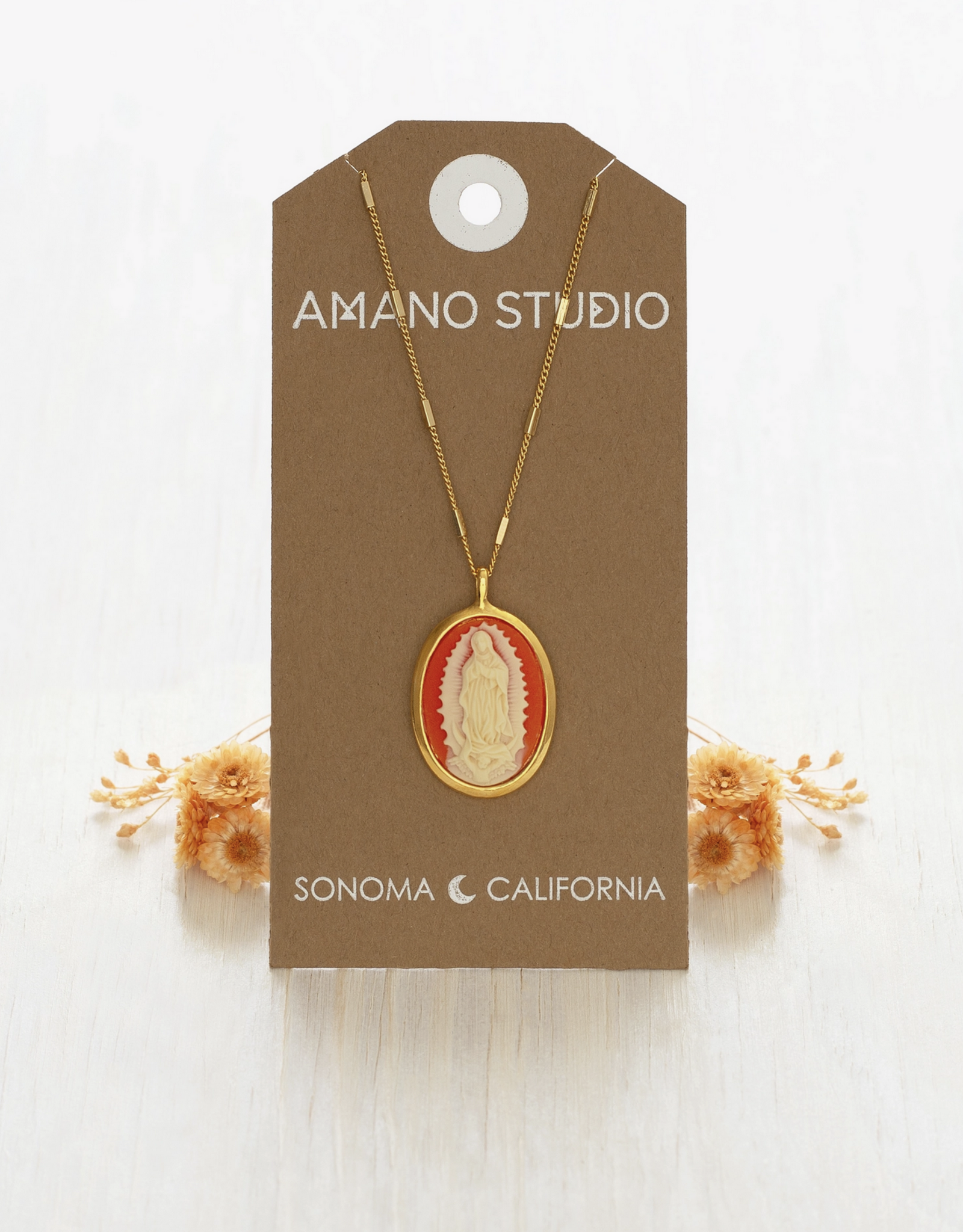 Virgin of Guadalupe Cameo Necklace - Coral