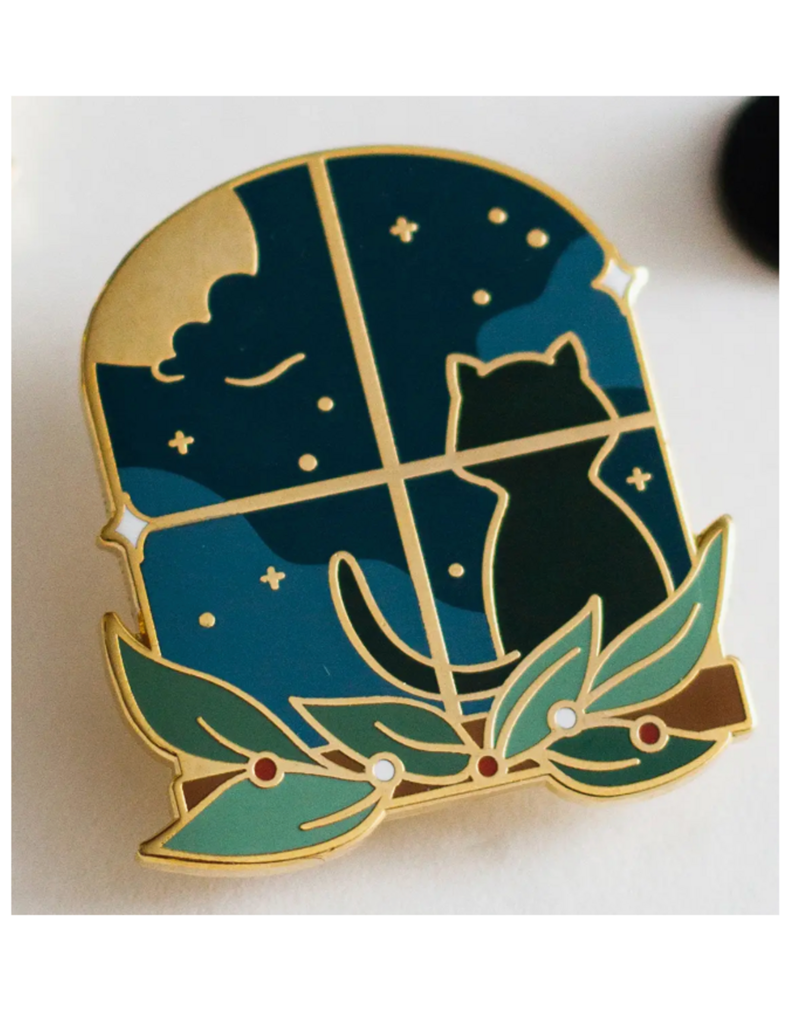 Black Cat In Window Enamel Pin