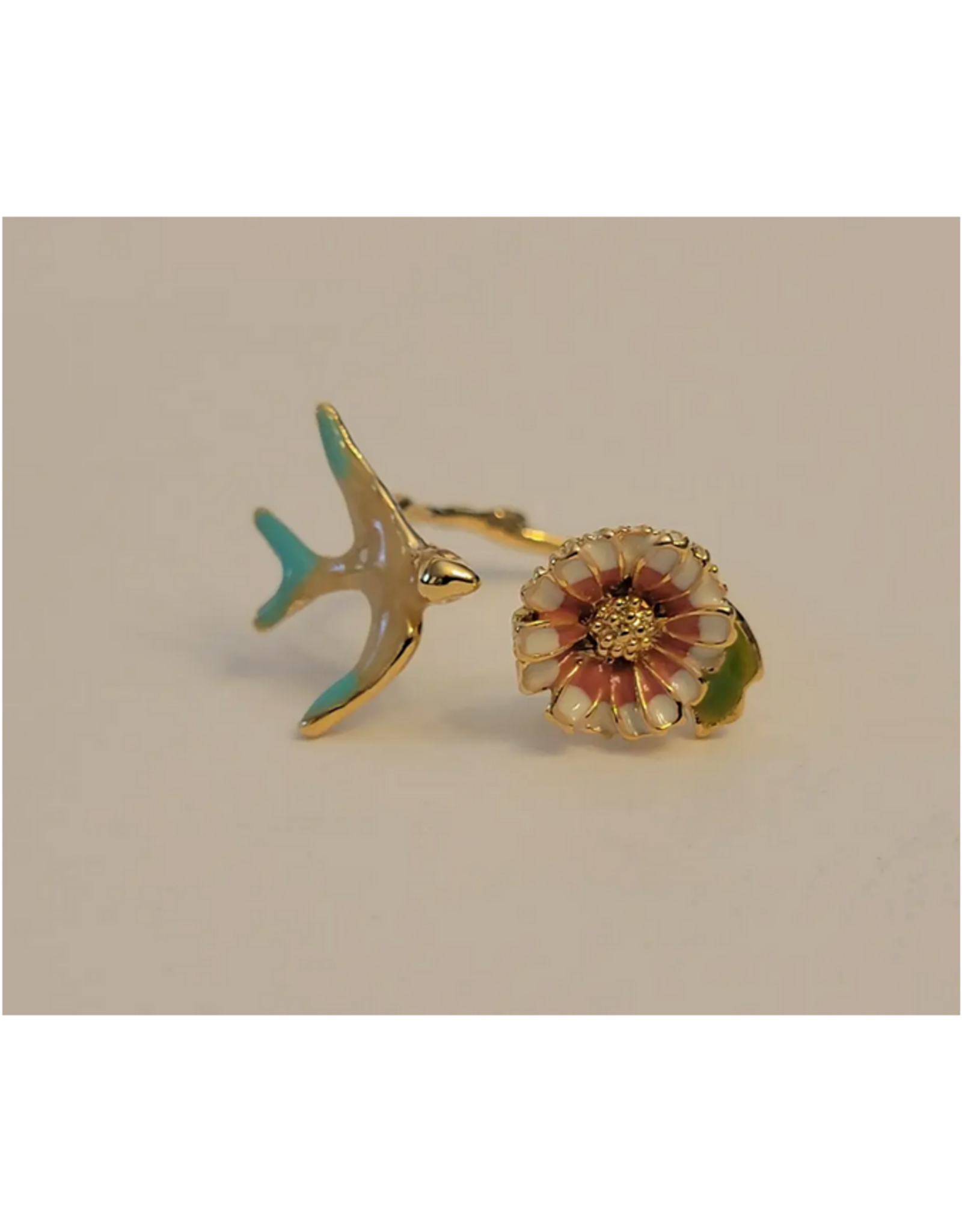 Hand Painted Bird/Flower Adjustable Ring - Gold