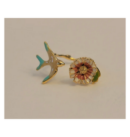 Hand Painted Bird/Flower Adjustable Ring - Gold