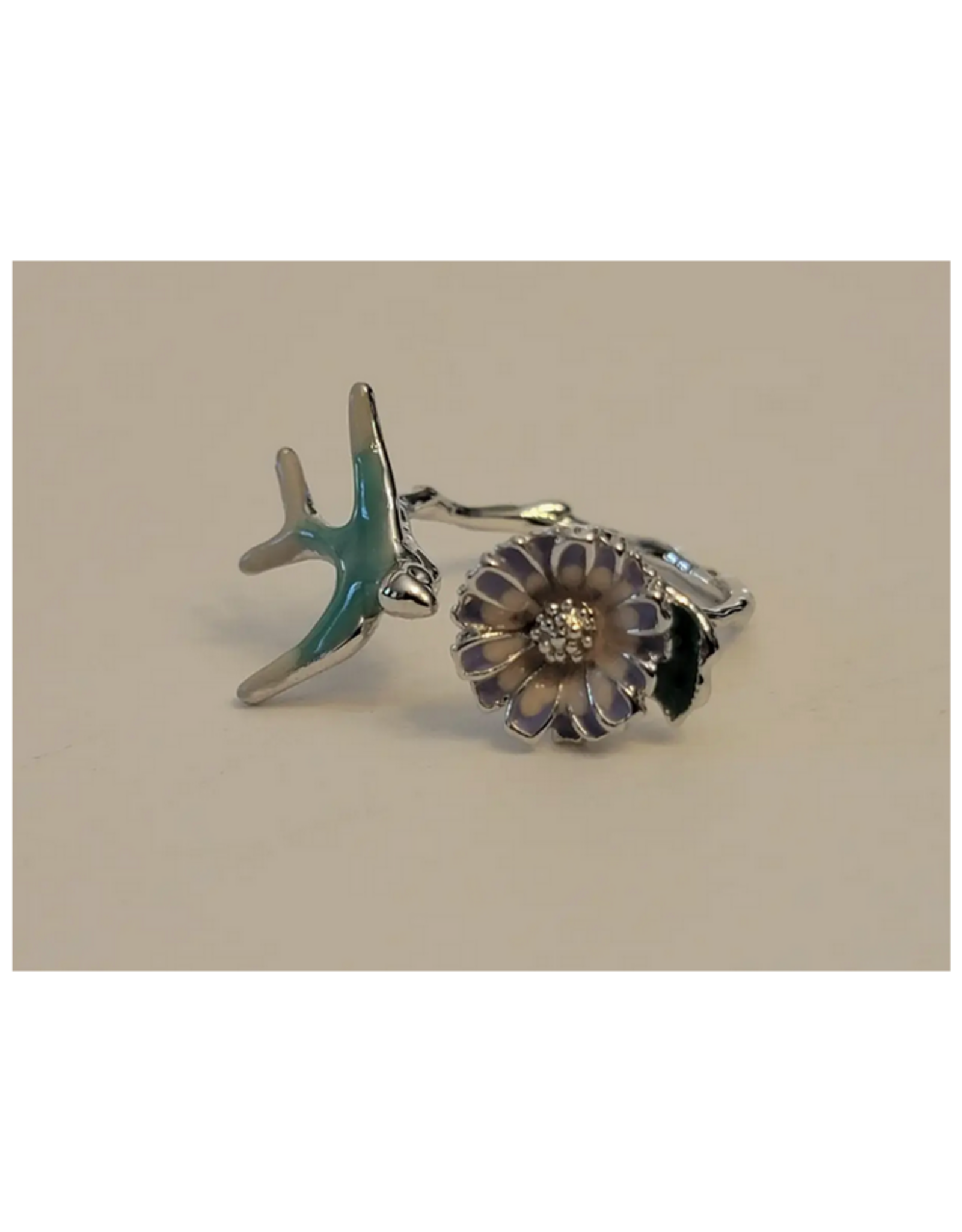 Hand Painted Bird/Flower Adjustable Ring - Silver