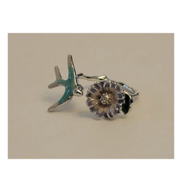 Hand Painted Bird/Flower Adjustable Ring - Silver
