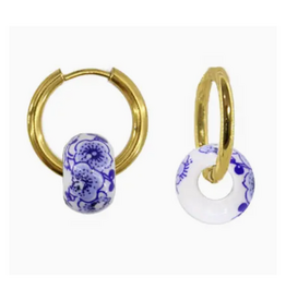 White & Blue Flower Hoop Earrings