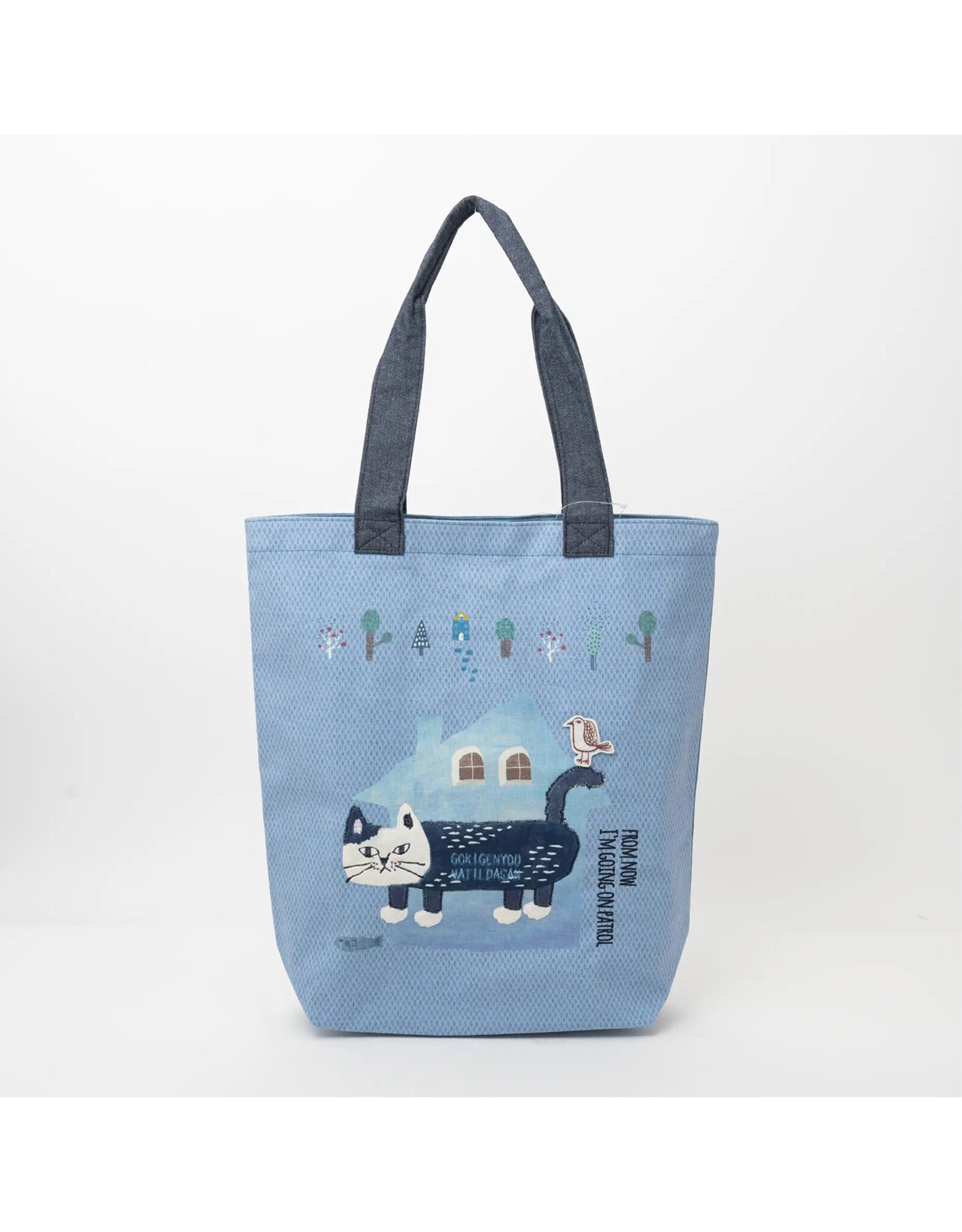 Great Zakka Cat Embroidered Tote Bag - Blue