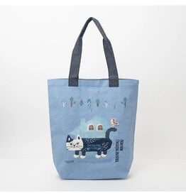 Great Zakka Cat Embroidered Tote Bag - Blue