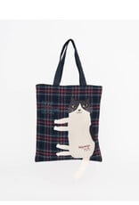 Great Zakka Nago Cat Embroidered Plaid Tote Bag - Navy Blue