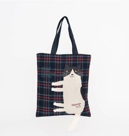 Great Zakka Kusuguru Nago Cat Embroidered Plaid Tote Bag - Navy Blue