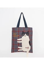 Great Zakka Nago Cat Embroidered Plaid Tote Bag - Slate Blue