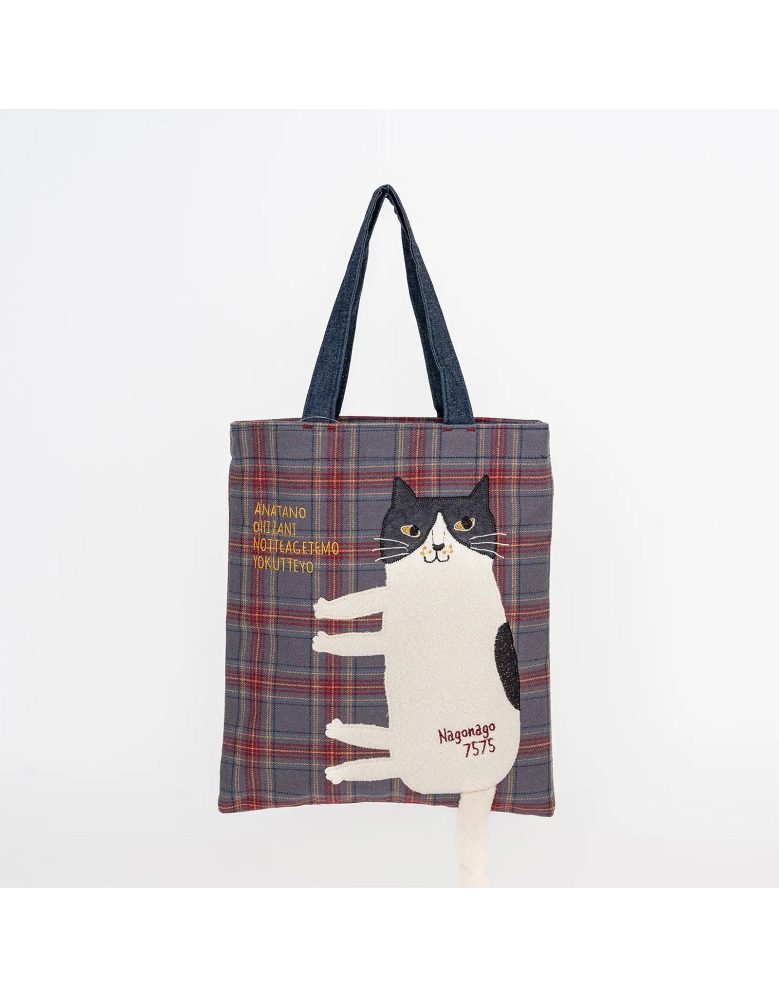Great Zakka Nago Cat Embroidered Plaid Tote Bag - Slate Blue