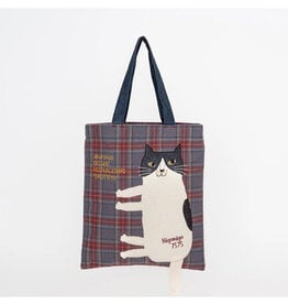 Great Zakka Nago Cat Embroidered Plaid Tote Bag - Slate Blue