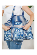 Reversible Quilted Tote Bag Floral & Stripes - Blue